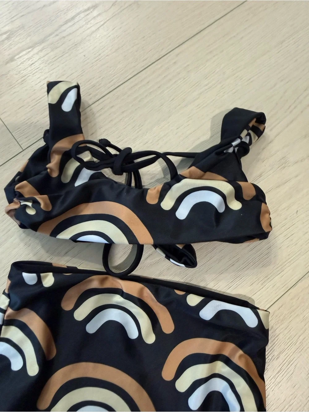 Of Of One Sea Girls' High-Waist Bikini Black with Tan & Cream Rainbow | 0/1T